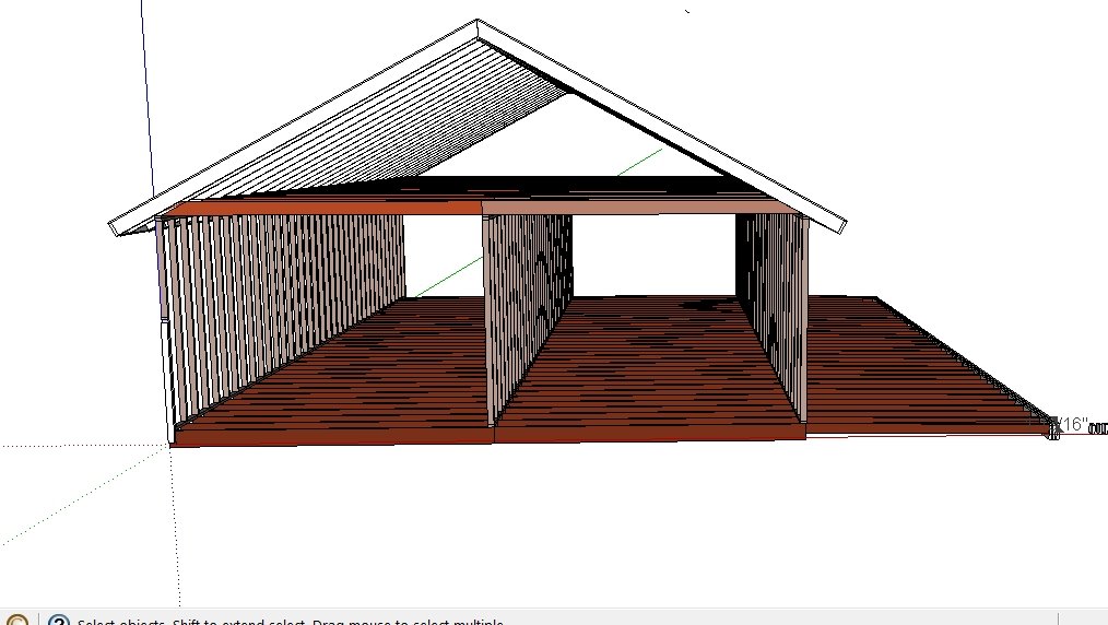 SketchUp model of the existing hip-roof frame of the house