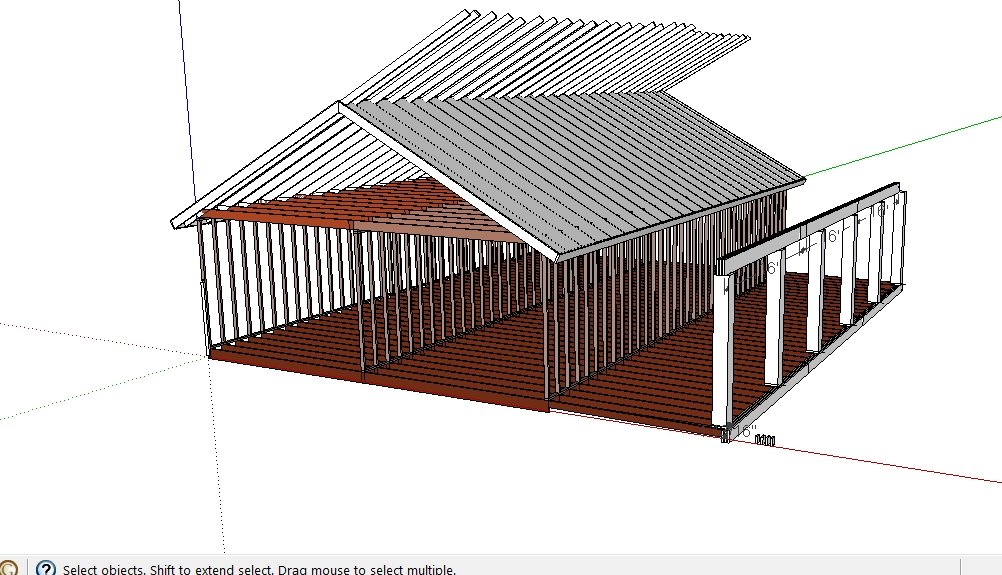 SketchUp model with porch columns and a header beam added