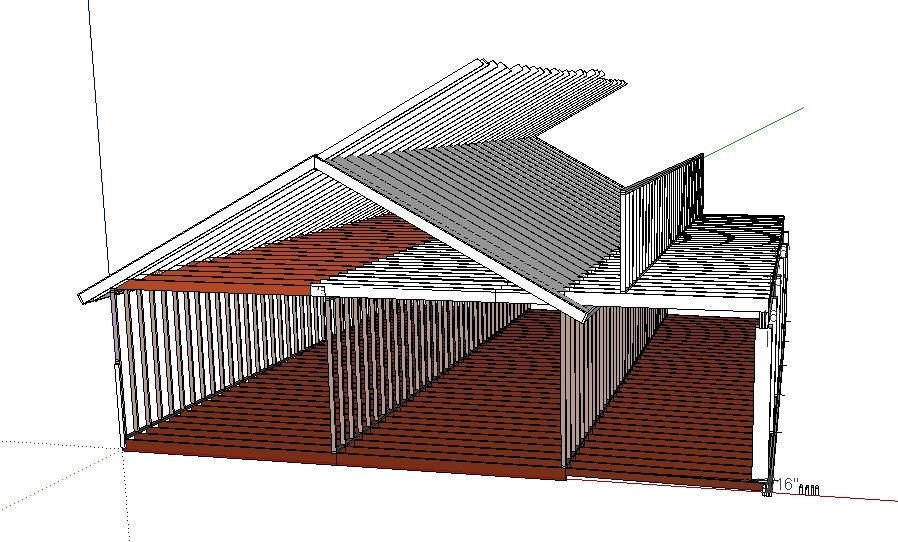 SketchUp model with the front wall of the new upstairs framed