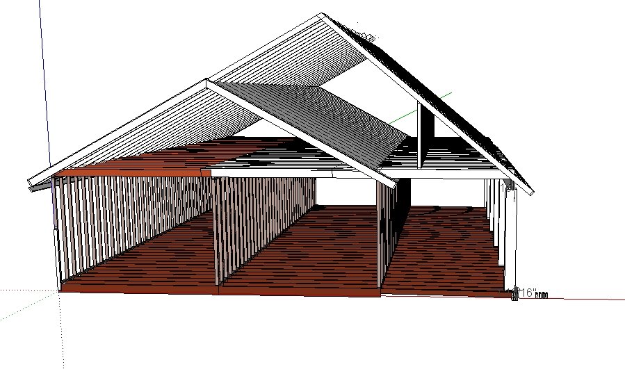 SketchUp model with front roof rafters added over the upstairs